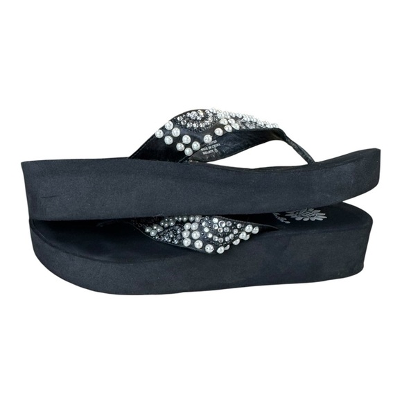 Yellow Box Black Rhinestone Pearl Platform Flip-Flops Size 6 EUC - Picture 5 of 7